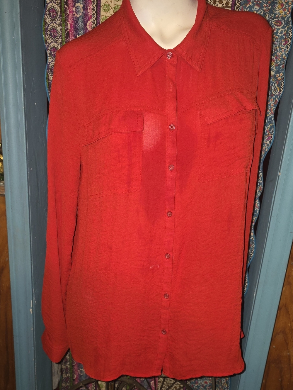 a.n.a Women's Red Long Sleeve Button-Down Shirt